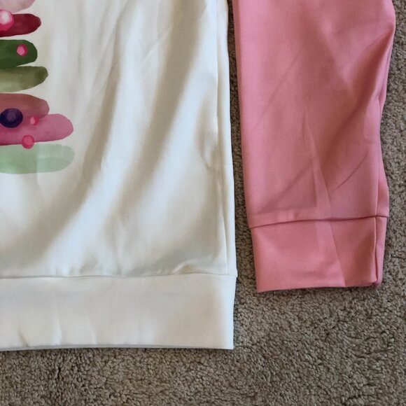 NWOT Pink White Christmas Round Neck Long Sleeve Sweater Sweatshirt Top Blouse - Picture 3 of 9